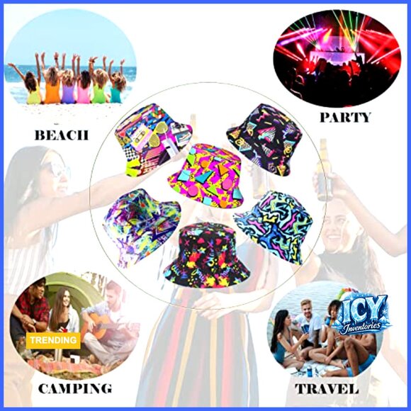 6 Pack Unisex Reversible Bucket Hats, Retro 80s 90s Vintage Print, Foldable main image 7